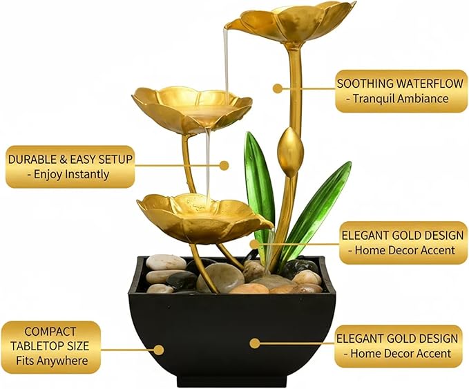Gold Tabletop Water Fountain, Fall Decor Desktop Waterfall, Indoor Lotus Desktop Decorative Fountain, Home Bathroom Bedroom Decor.