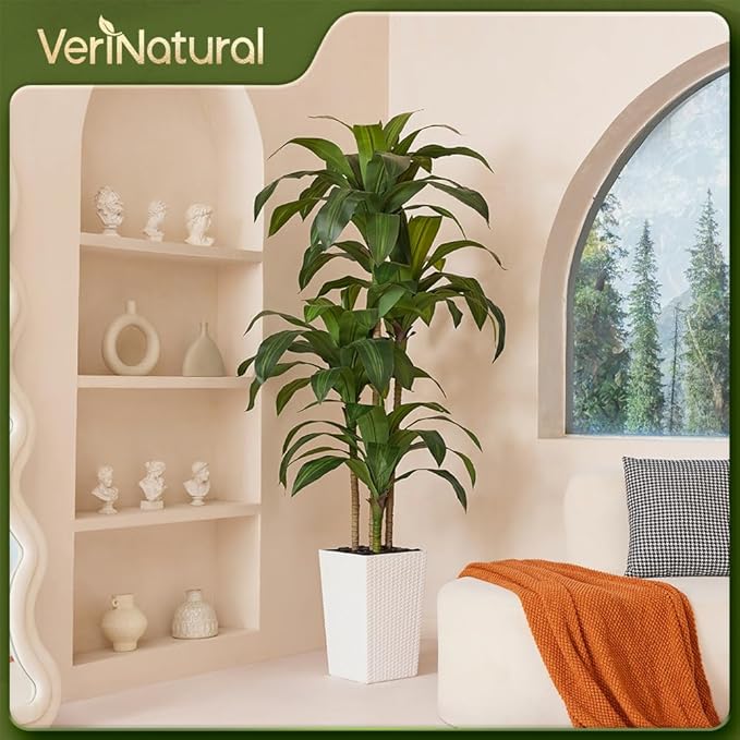 Artificial Dracaena Tree 6FT - Fake Tree with White Taper Planter & Pebbles - UV Resistant Faux Yucca Tropical Plant - Artificial Trees for Home Office Living Room Decor Indoor Outdoor