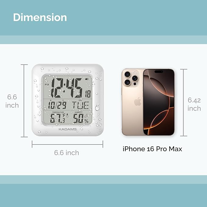 KADAMS Bathroom Clock 9.5" Kitchen Wall Clock with Large LCD Screen – Shower Clock with Suction Cup,Temperature, Humidity, Calendar – Water-Resistant, 4 Mounting Options, White
