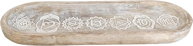 VANIYA CRAFTS® Wooden Handmade Symols Design Boat Shape Incense Holder Stand Insence Tray for Sticks Home Decor Restaurant (11X4,Antique White)