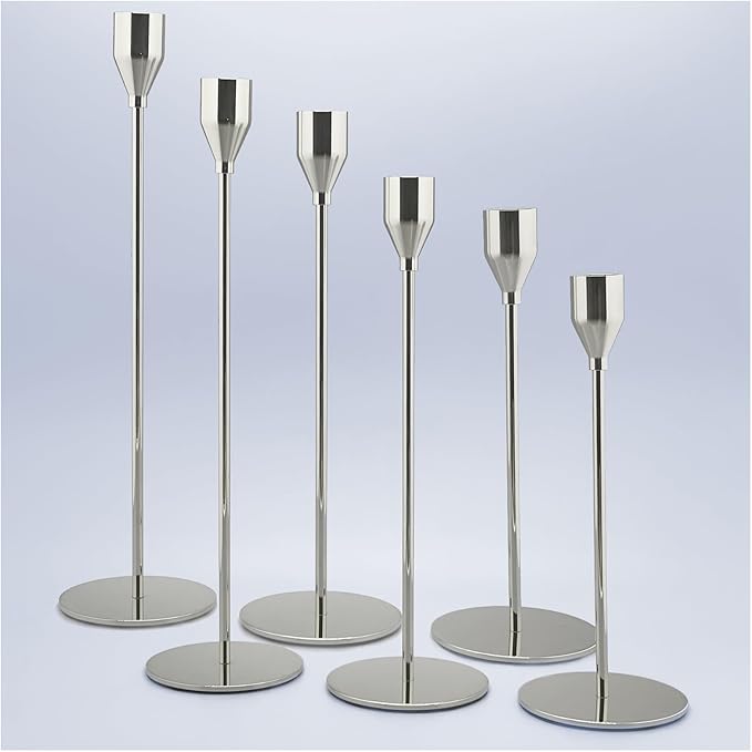 6Pcs Silver Candlestick Holders Set Fit 3/4" Tall Taper Candle Home Decorative Table Centerpieces for Family Dinning, Party Decoration