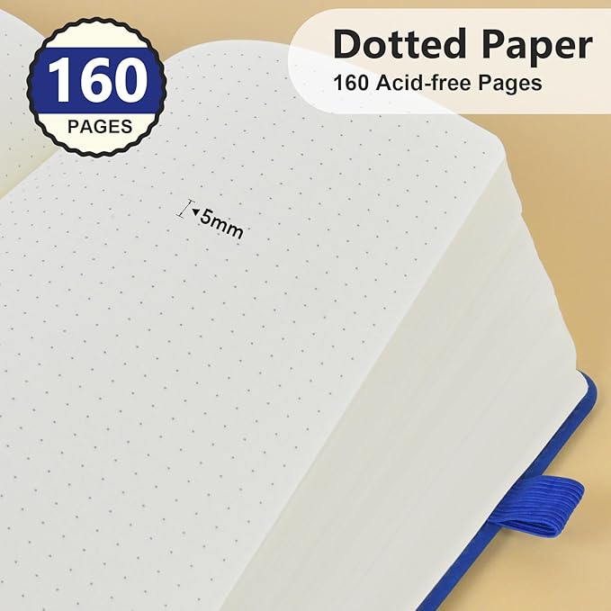 Dotted Journal Notebook for Men & Women, 160 Pages Dot Grid notebook for Note Taking, Bullet Journaling Notebook for Work, School, Travel, Writing, A5 Hardcover 5.9" x 8.5"(Navy)