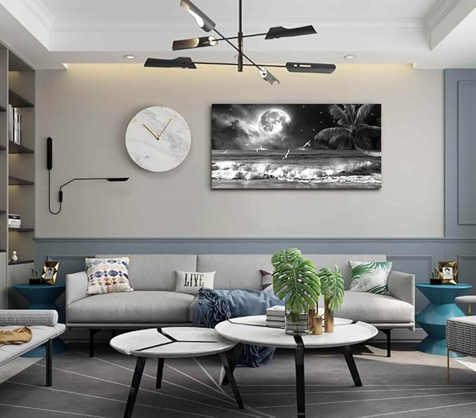 Yxbhhym large Black and White Beach Wall Art Moon Sea Ocean Prints Art Coast Canvas Pictures Paintings Seascape Poster Palm Artwork for Wall Office Decor living room Decoration Framed-30x60inches