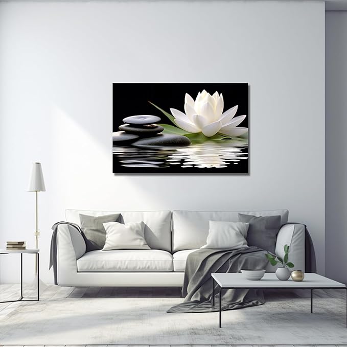LZIMU Zen Canvas Wall Art White Lotus and Black Zen Stones Bloom in Water Picture Prints for Yoga Spa Meditation Spiritual Room Bathroom Decor (Zen-1, 28"x42")