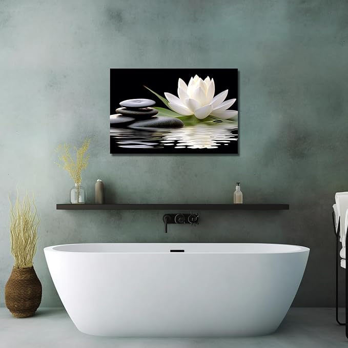 LZIMU Zen Canvas Wall Art White Lotus and Black Zen Stones Bloom in Water Picture Prints for Yoga Spa Meditation Spiritual Room Bathroom Decor (Zen-1, 28"x42")