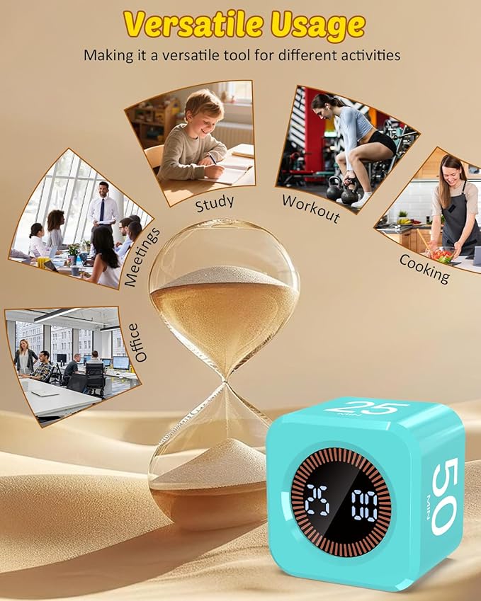 Pomodoro Timer Cube Visual Productivity Flip Timer for Kids Classroom Desk, 5/10/25/50min& Custom Countdown, Silent&Sound Mode Digital Cube for ADHD Study Work School Game Kitchen (Mint Green)