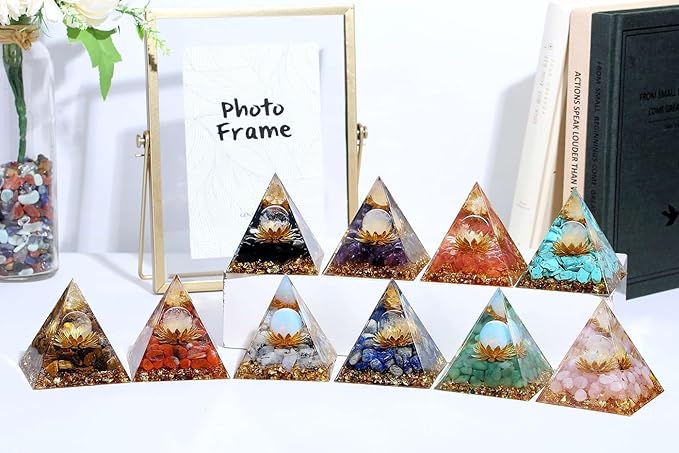 LAIDANLA Rainbow Moonstone Orgone Pyramid Healing Crystals Orgonite Pyramid Flower of Life Positive Energy Spiritual Reiki Gemstone Pyramid for Anti-Stress Inspirational Attracts Success Decor Gifts
