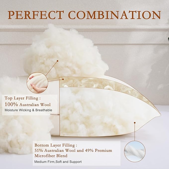YOUR MOON Organic Wool Pillow King Size Set of 2, Soft Support Bed Pillows for Sleeping, Luxury Down Alternative Pillow for Side & Back Sleepers, 100% Cotton Cover, Natural Wool Filling (Off White)