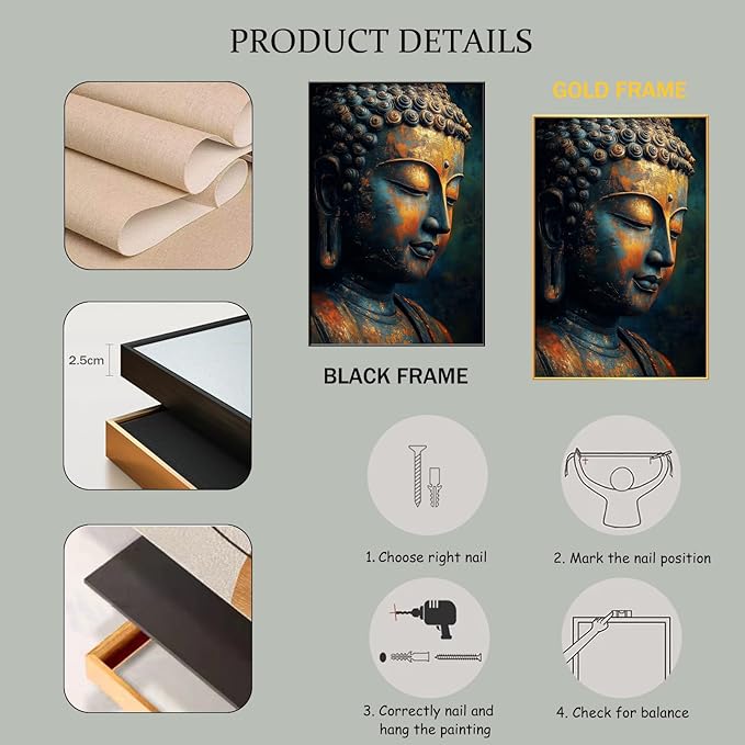 Buddha Statue Canvas Art, Zen Meditation Décor, Framed Print for Bedroom, Yoga Room, and Living Room (Black Framed, 24"x36"|62x92cm)