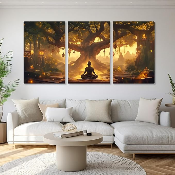 WithHope 3 Piece Buddha Canvas Wall Art, Buddha Home Decor, Buddhist Decorations, Zen Canvas Wall Art, Tree of Life Artwork, Zen Decorations, Modern Painting, Living Room Decor (16" x 24" x 3 pcs)