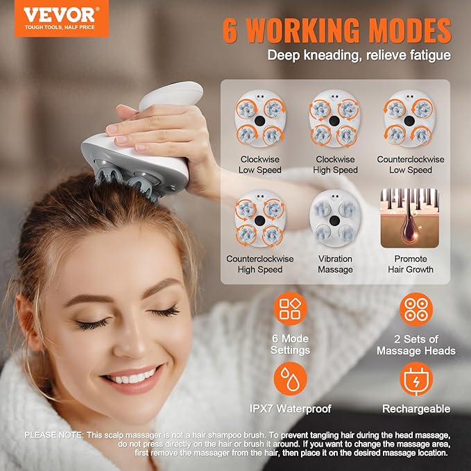 VEVOR Electric Cordless Hair Scalp Massager with Kneading 484 Massage Nodes, Handheld Portable Head Scratcher Massager for Deep Clean and Stress Relax, Gifts for Men Dad