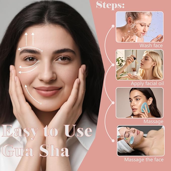 Jade roller and gua sha, facial roller, women's skincare tool, self-care gift, face, eye, neck massager, relieves fine lines and wrinkles, aventurine, opal, rose quartz