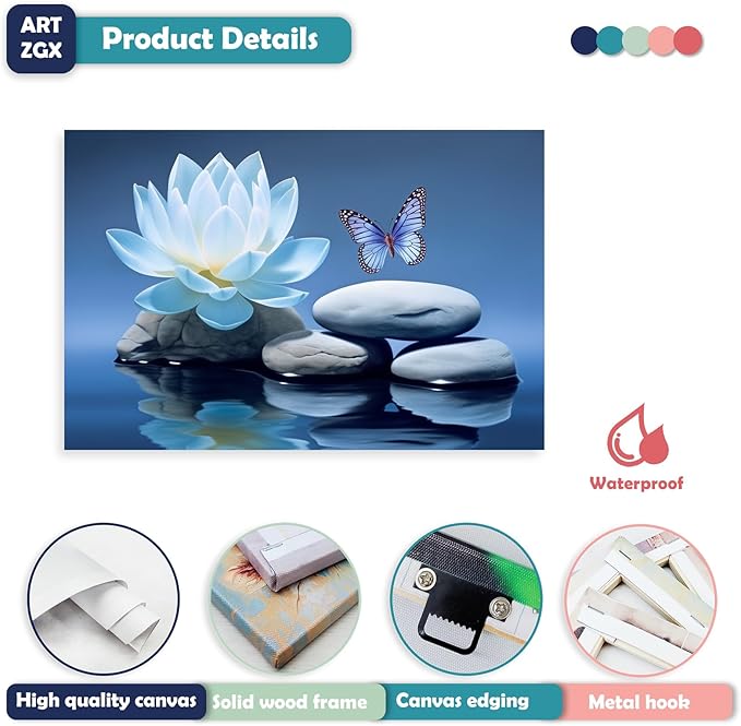ARTZGX Blue Zen Wall Art Lotus Flower Canvas Spa Stone Pictures for Bathroom Wall Decor Meditation Butterfly Painting Frame(Zen - A 28.00" x 42.00")