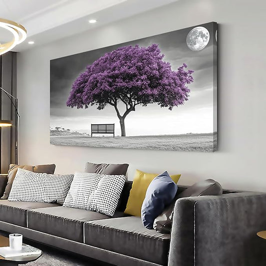 ZESTRILIA Country Purple Tree Wall Art for Living Room Office Violet Gray Moon Canvas Painting Prints Artwork Dining Bedroom Decor (40x20 Inches)