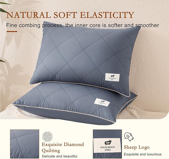 YOUR MOON Organic Wool Pillow Standard Size Set of 2, Soft Support Bed Pillows for Sleeping, Luxury Down Alternative Pillow for Side & Back Sleepers, 100% Cotton Cover, Natural Wool Filling (Gray)