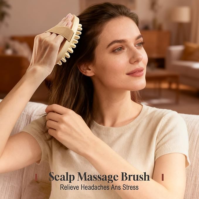 2 PCS Meridian Massage Brushes, Wood Therapy Massage Tools with Essential Oil, Handheld Meridian Brush for Belly Fat, Full Body Relaxation Cellulite Pressure Brushes for Legs, Arms, Back (Beige)