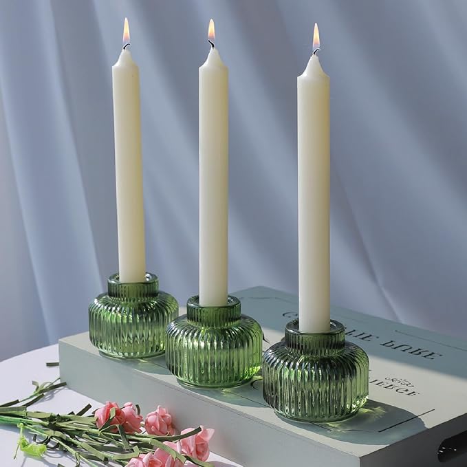 Woho Candlestick Holders Set of 4 for Taper Candles/Tea Lights, Green Ribbed Candle Sticks Holder Decor for Table Centerpiece, Reversible Taper Candle Holders Glass for Christmas Home Decoration