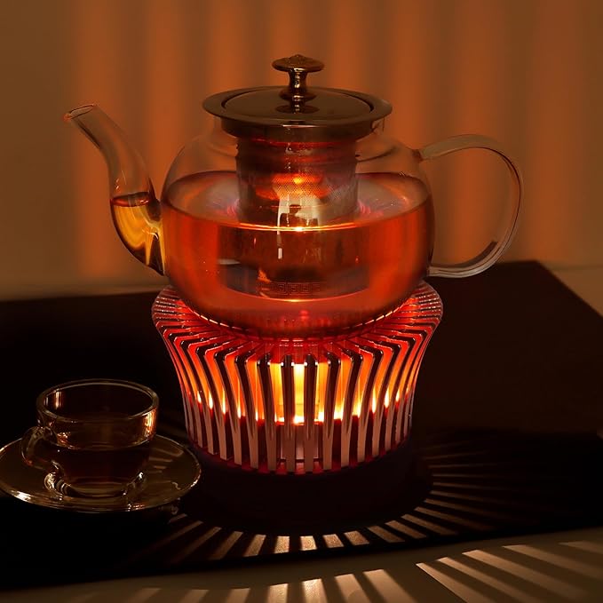 Tea Warmer with Magnolia Flower Design, JUKFITA Rose Gold Aluminum Alloy & Wood Teapot Warmer, Tall