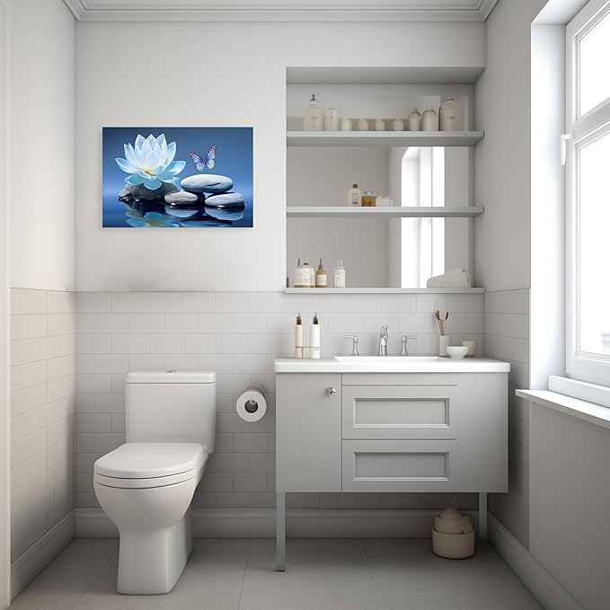 ARTZGX Blue Zen Wall Art Lotus Flower Canvas Spa Stone Pictures for Bathroom Wall Decor Meditation Butterfly Painting Frame(Zen - A 28.00" x 42.00")