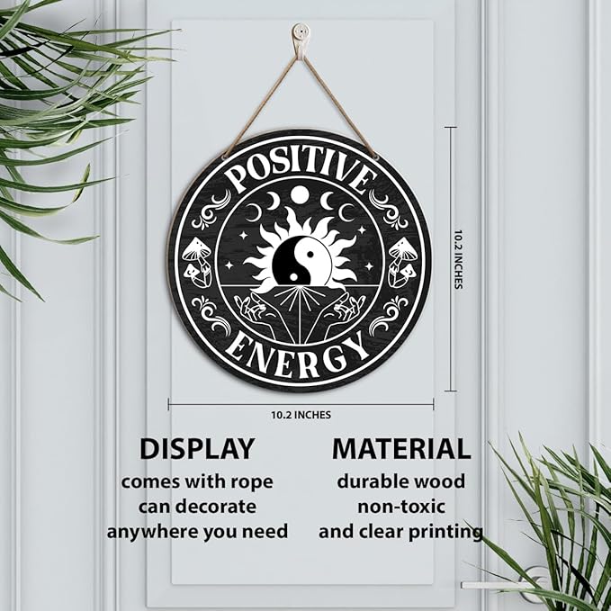 Positive Energy Wall Decor, Yin Yang Positive Energy Zen Wood Hanging Sign Decor, Inspirational Positive Energy Decorations for Home Office Zen Den Room, Positive Gifts for Women Men