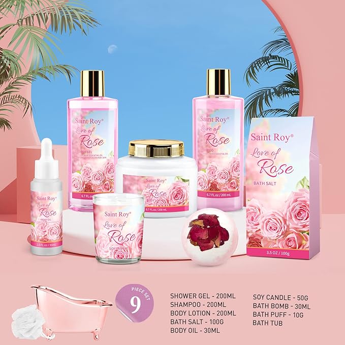 Bath Kit Christmas Gifts for Women, Spa Gifts bath Gifts for Her Rose Mother Gift Bath Set for Women, Luxury Home Spa bath and body Gift Basket, With Scents Lotion, Bath Bomb bridal shower gift basket
