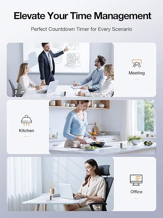 TK3 Pomodoro Timer Cube, Desk Productivity Timer with 5/10/30/60 Min Presets, Custom Countdown, Stopwatch, Clock, 3 Alarm, Silent, Vibrate & Sound Alert, for Task, ADHD, Study, Kitchen, White
