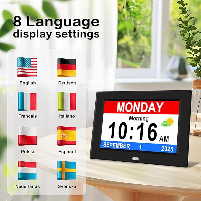 10'' Large Display Digital Alarm Clock for Seniors Date Day of Week Electric Digital Clocks 12 Alarms 4 Colors Desk Calendar Clocks for Memory Loss Alzheimers Clock Auto DST/Dimmer