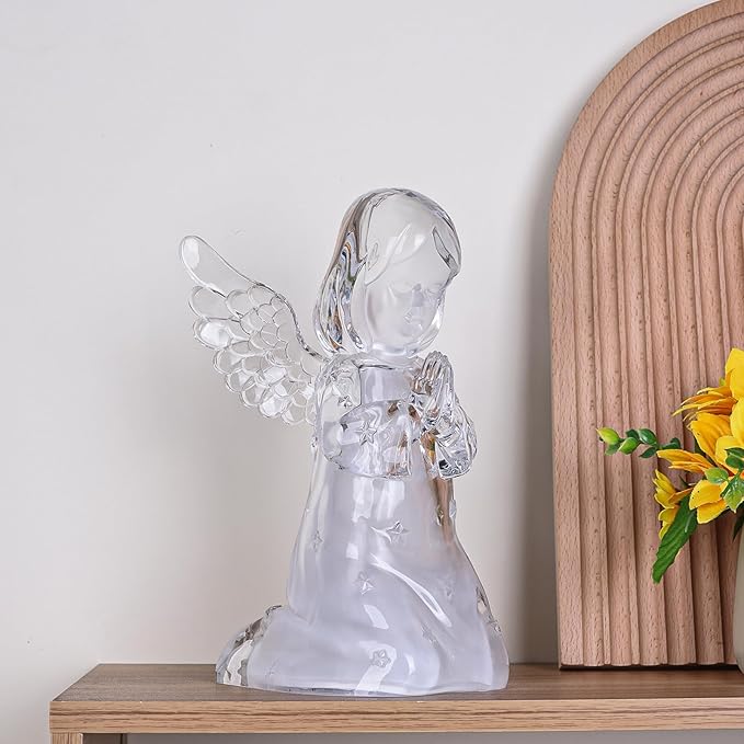 Acrylic Clear Guardian Angel Figurines with LED Light, Crystal Glass Finish Angel Statue, Large Christmas Angels Gifts for Women, Healing Angels Figurines Decorations(Praying)
