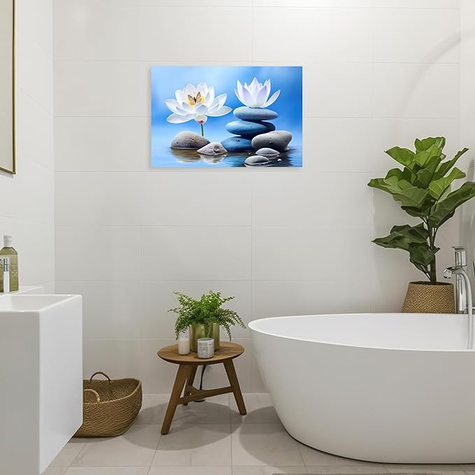 ARTZGX Zen Canvas Wall Art for Bathroom Lotus Pictures Blue Spa Stone Painting Butterfly Flower Artwork for Yoga Decor Frame(Zen - B 20.00" x 30.00")
