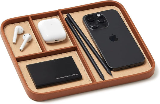 Nordik Leather Valet Tray - Sand Brown - Premium Vegan Leather Stylish and Organised Nightstand Tray for Men - EDC Catchall Tray for Keys, Watch, Wallet, Jewellery - Modern Bedside Caddy