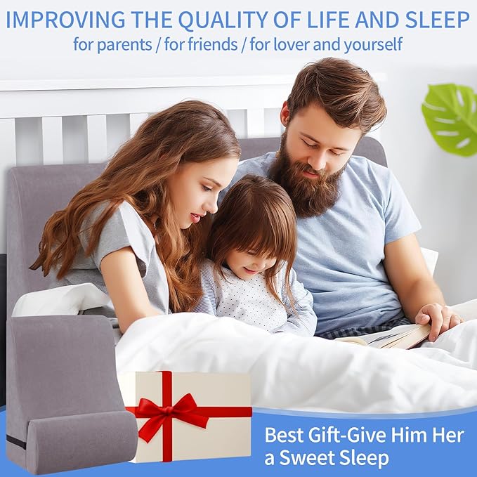 Reading Pillow for Bed Adult, Memory Foam Wedge Pillow Headboard with Adjustable Lumbar Support Backrest Cushion for Sitting in Bed/Resting/Bedrest, Couch or Floor, Gray