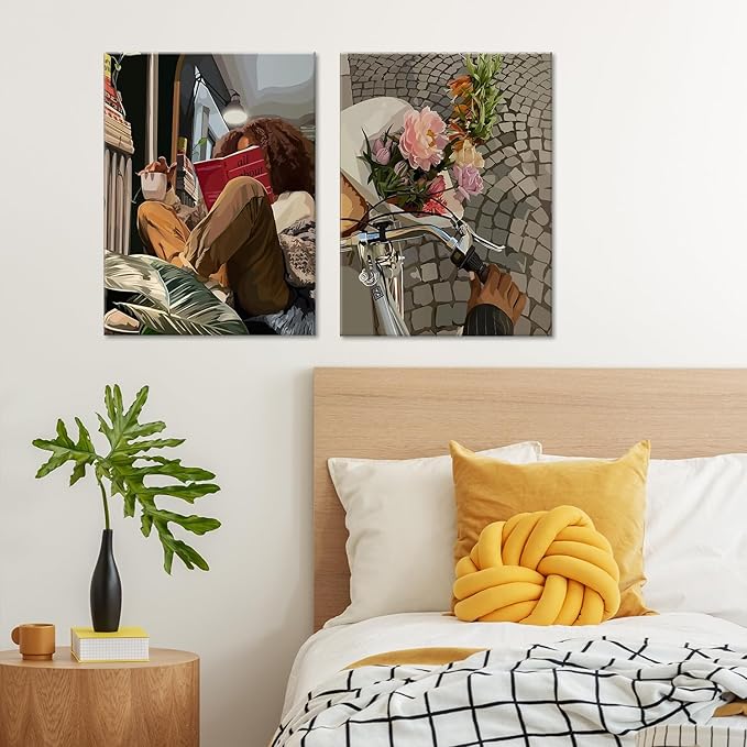 Modern African American Women Wall Art Set of 2,Cozy Reading & Bike Ride with Flowers Painting Canvas Prints,black woman Vintage Aesthetic Poster for Living Room, Bedroom, Office, Framed 16X24in