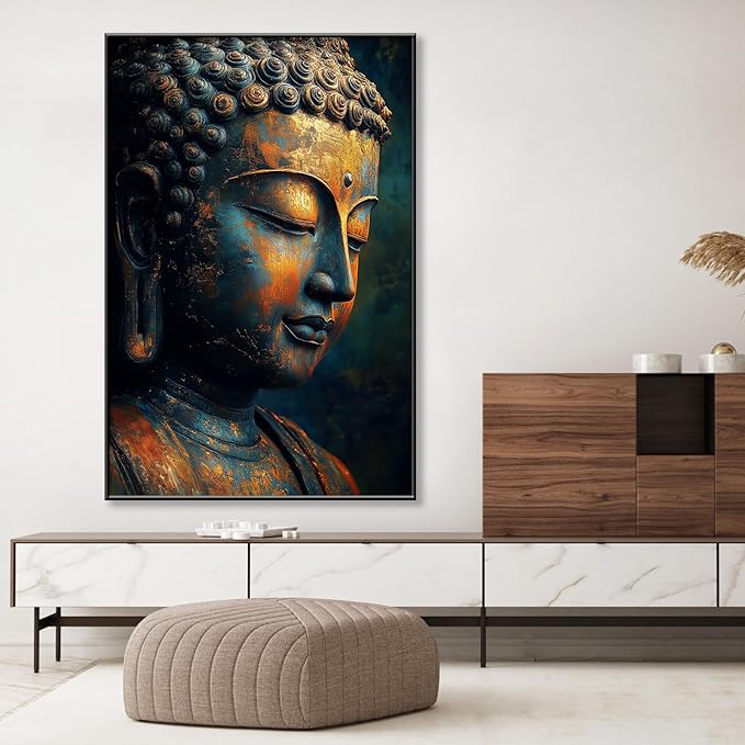 Buddha Statue Canvas Art, Zen Meditation Décor, Framed Print for Bedroom, Yoga Room, and Living Room (Gold Framed, 15"x24"|40x60cm)