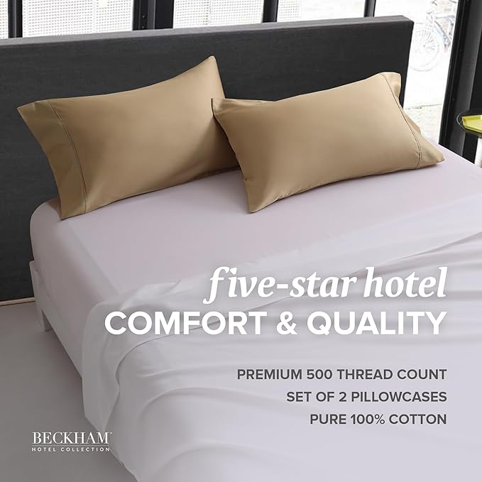 Beckham Hotel Collection Bed Pillowcases King Size Set of 2, 500TC 100% Cotton, Luxury Sateen Bedding, Open End, Breathable, Moisture-Wicking, Sand