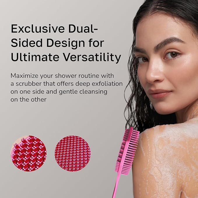 Silicone Back Scrubber with Long Handle - Octagon Body Brush for Shower, Bath, and Exfoliating - Skin Cleansing, Back Scrub and Gentle Silicone Sponge - Wash Your Body with Easy Reach - Pink