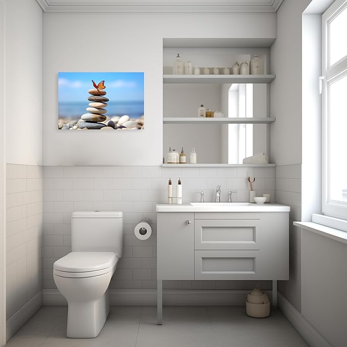 ARTZGX Zen Stone Wall Art Canvas Spa Bathroom Pictures Butterfly Print Meditation Still Life Painting for Yoga Room Decor Frame(Zen - D 20.00" x 30.00")