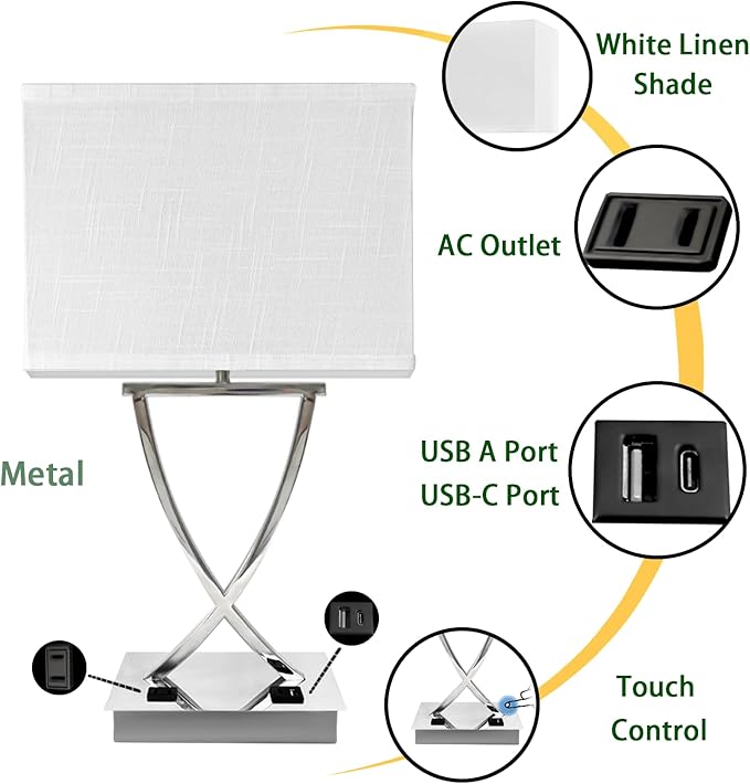 21.38" Table Lamp for Bedroom Living Room 3-Way Dimmable Touch Control Medium Chrome Bedside lamp with USB A+C Ports,Nightstand Lamp with White Linen Shade Bulb Included (White-Chrome)
