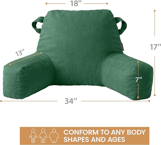 Portable Comfy Reading Pillows for Bed Sitting Up(Green Oeko-Tex), Velvet Back Pillow with Arms & Pockets for Adults, Support Memory Foam Bed Pillow for Dorm/Reading/Watching/Gaming