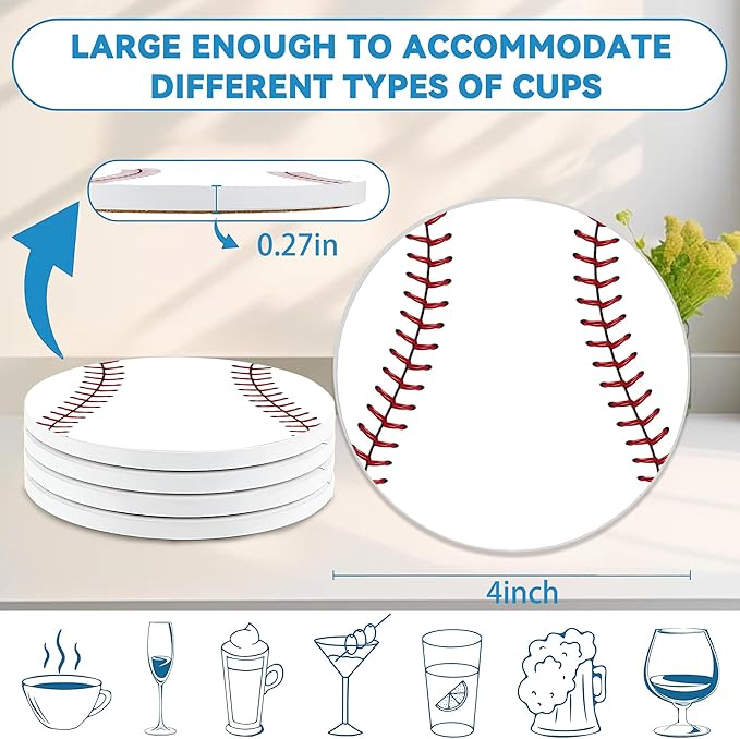 Baseball Round 4" Cup Coasters Set of 4, Absorbent Ceramic Stone Coasters with Cork Base, Ideal Gifts for Home Decor