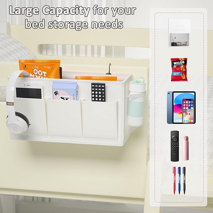 Dual-purpose Bedside Caddy Bedside Organizer, Bed Caddy with 6 Pockets, Versatile Bedside Storage Solution Magazine Remotes holder, ideal for Home, Dorm, Hospital, Crib Bed (White)