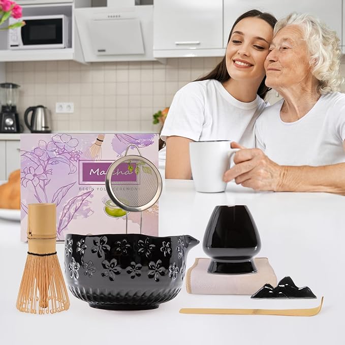 APLSTOW Matcha Whisk Set - Traditional Japanese Handmade Bamboo Matcha Whisk and Holder, Matcha Bowl,Bamboo Scoop, Scoop Rest, Sifter and Tea Towel (Black)