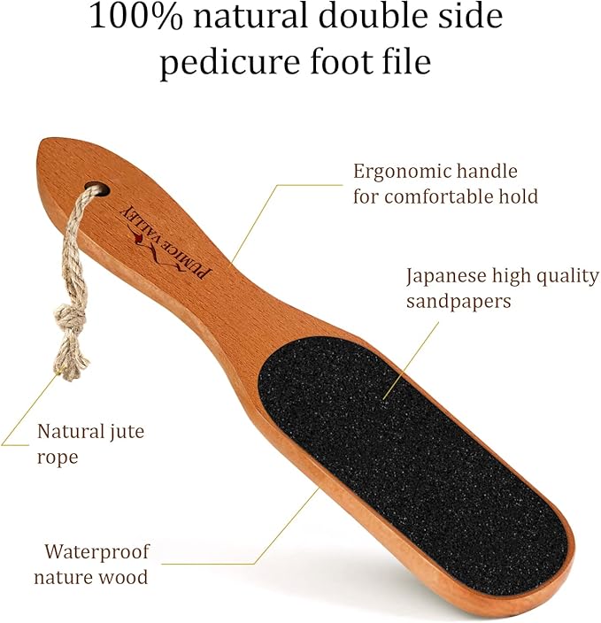 Pumice Stone Foot File - Wooden Pedicure Feet Scrubber with Handle for Callus, Dry, and Dead Skin Removal - Heel Scraper for Feet, Hands, and Body - Foot Filer for Use in Shower