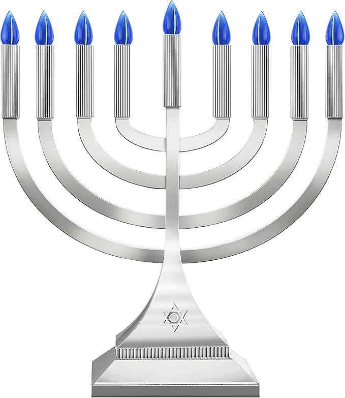 Zion Judaica 9" LED Hanukkah Menorah Medium Metallic Silver Battery or USB C Type Powered Flameless Chanukkah Candleholder USB Electric Minorah Bulbs Chanukah Decoration Lights Hanukkiah