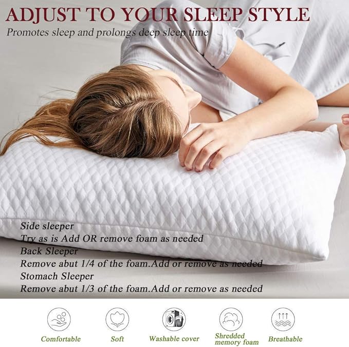 NTCOCO Pillow, Shredded Memory Foam Bed Pillows for Sleeping, with Washable Removable Cooling Hypoallergenic Sleep Pillow for Back and Side Sleeper, Queen (1-Pack)