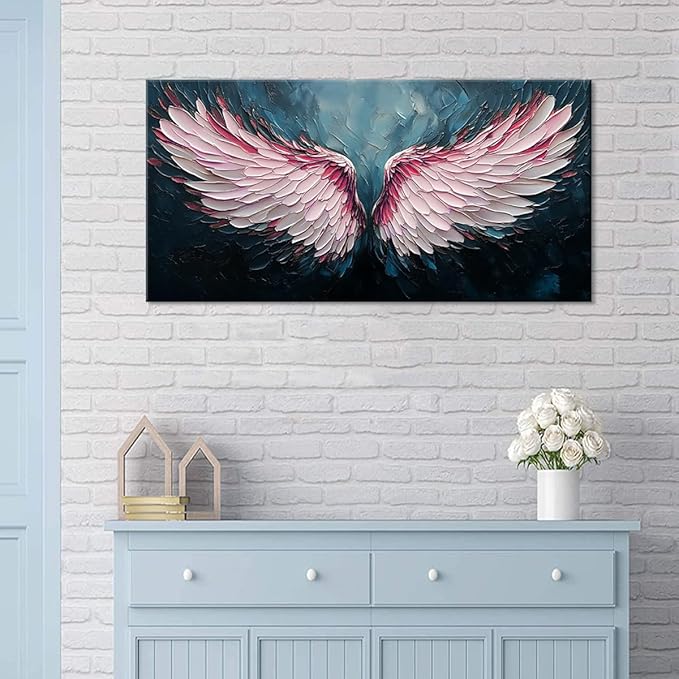 ZESTRILIA Angel Wings Wall Art for Girls Room Pink Navy Blue Canvas Oil Painting Prints Modern Abstract Fantasy Anime Artwork Living Bedroom Office Decor (30x16 Inches)