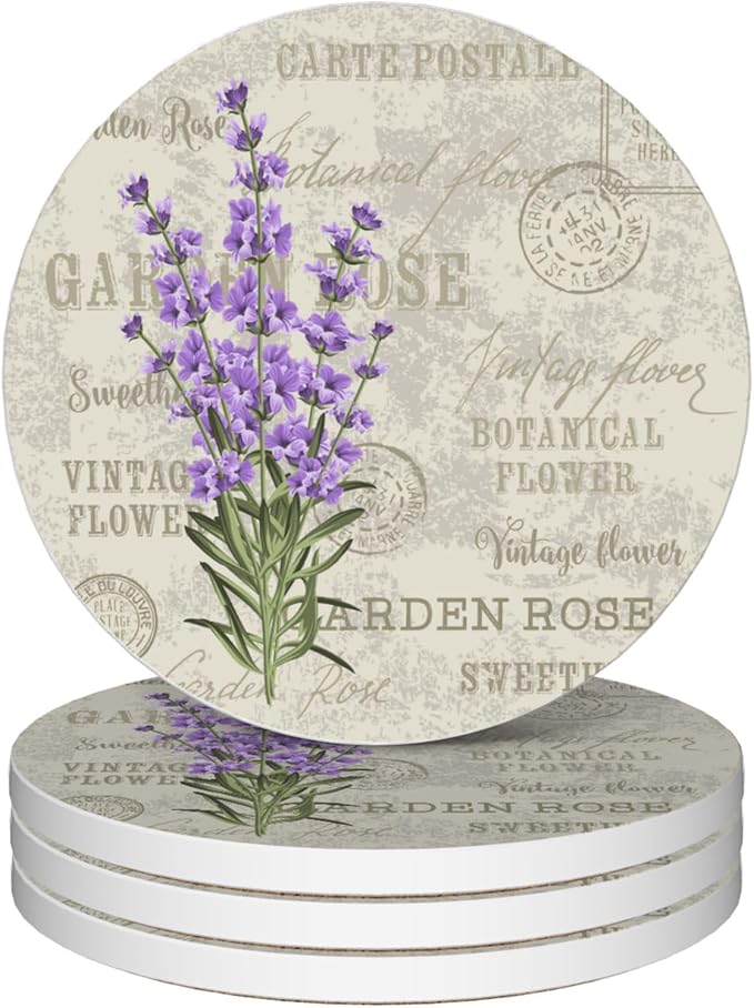 Vintage Lavender Flowers Round 4" Cup Coasters Set of 4, Absorbent Ceramic Stone Coasters with Cork Base, Ideal Home Decor Gifts for Women Men