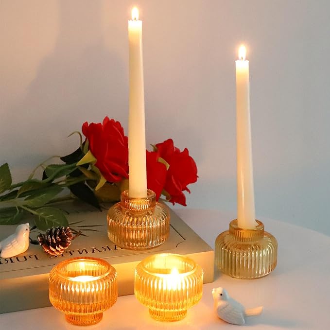 Woho Gold Candle Stick Candle Holder Set of 8, Votive Candle Holders for Wedding Party Table, Ribbed Glass Taper Candle Holders for Birthday Christmas Decor