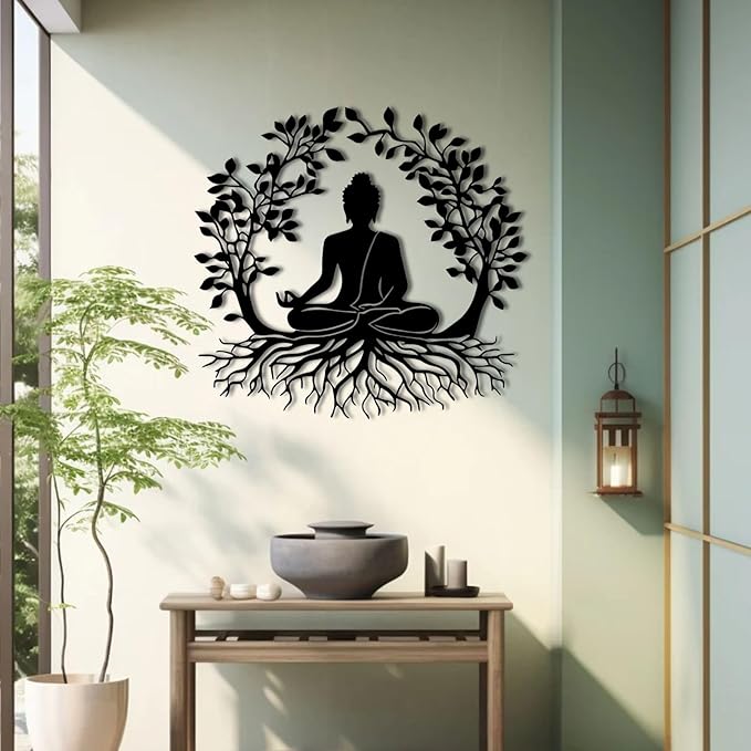 ENJOYOO Tree of Life and Buddha Metal Wall Decor, Tree of Life Wall Art, Buddha Metal Wall Art for Living Room, Bedroom, Outdoor (Black, 47×44in/120×113cm, metal wall art)