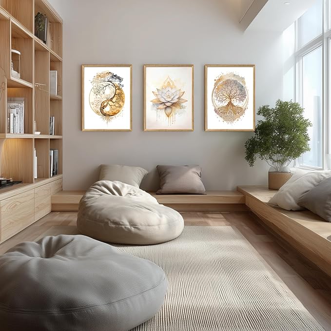GELDSTEI Tree of Life Wall Art, Calming Zen Wall Decor, Abstract Yin Yang Tree Canvas Painting, Modern Gold Lotus Flower Meditation Poster Print for Living Room Yoga Room Bedroom Wood Framed 16"x24"x3