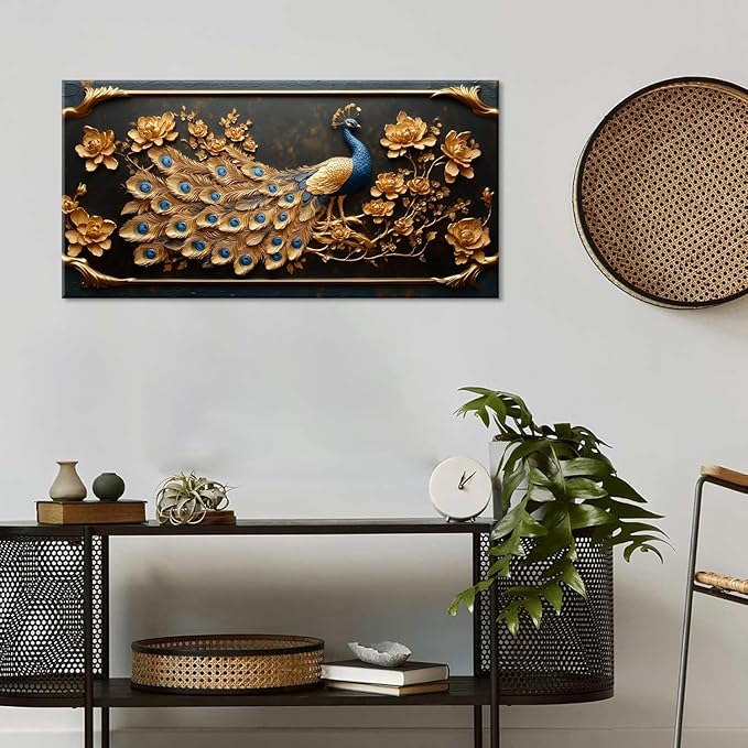 ZESTRILIA Pretty Peacock Wall Art for Living Room Office Gold Country Rustic Retro Asian Canvas Painting Prints Golden Vintage Elegant Peackock Artwork Dining Bedroom Decor (40x20 Inches)